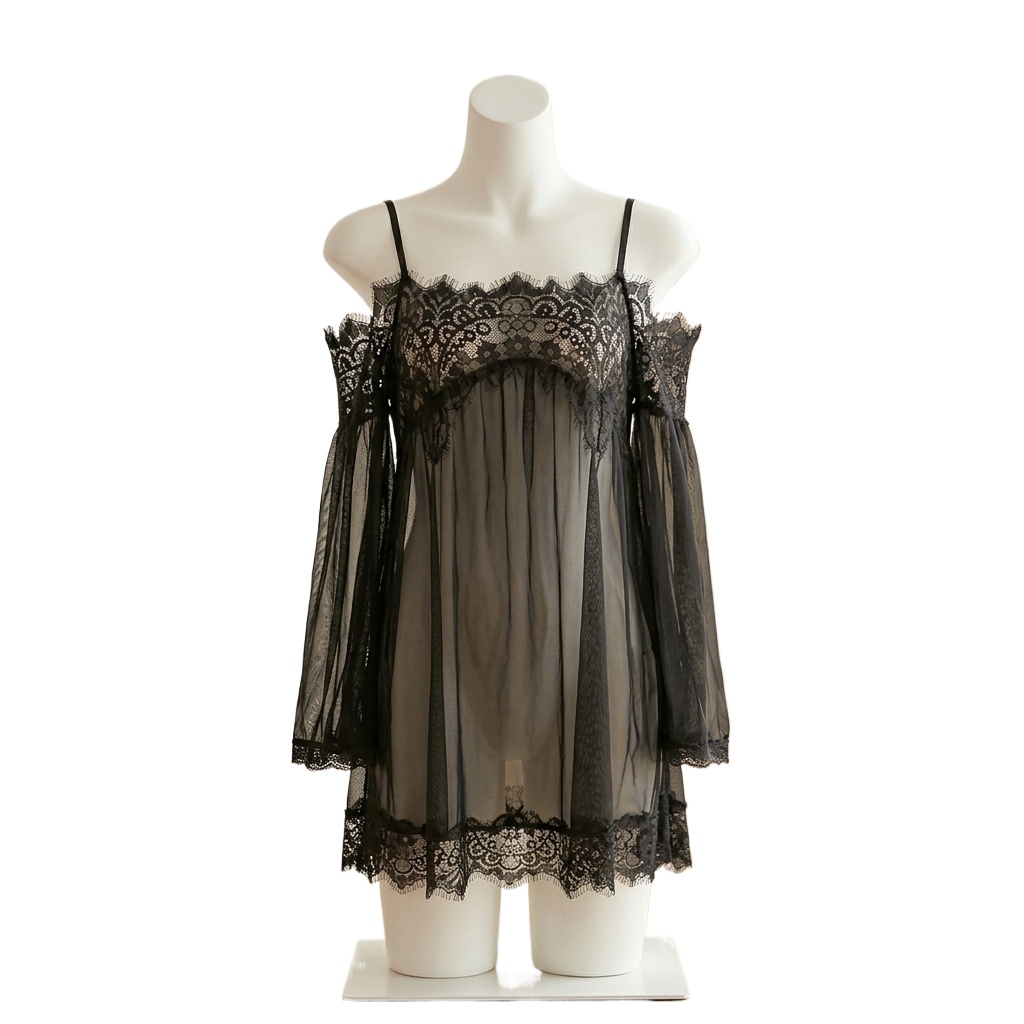 Babydoll Chemise Night - Kadınlar için Siyah Kirpik Danteli Detaylı